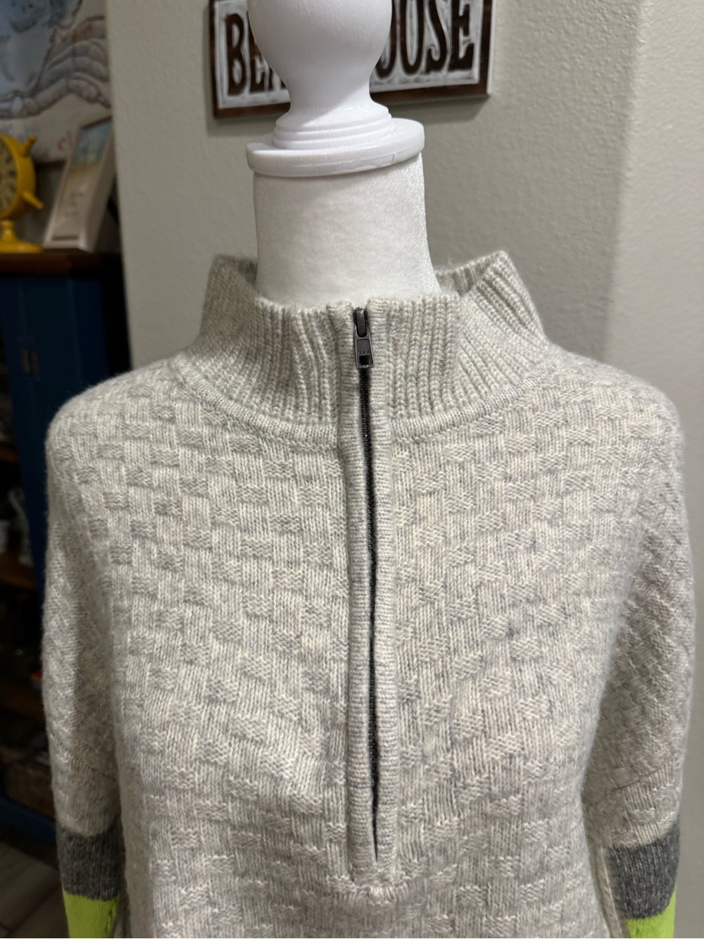 CAbi Light Gray Quarter Zip Sweater with Neon and Berry Sleeve Blocks - Picture 3 of 7